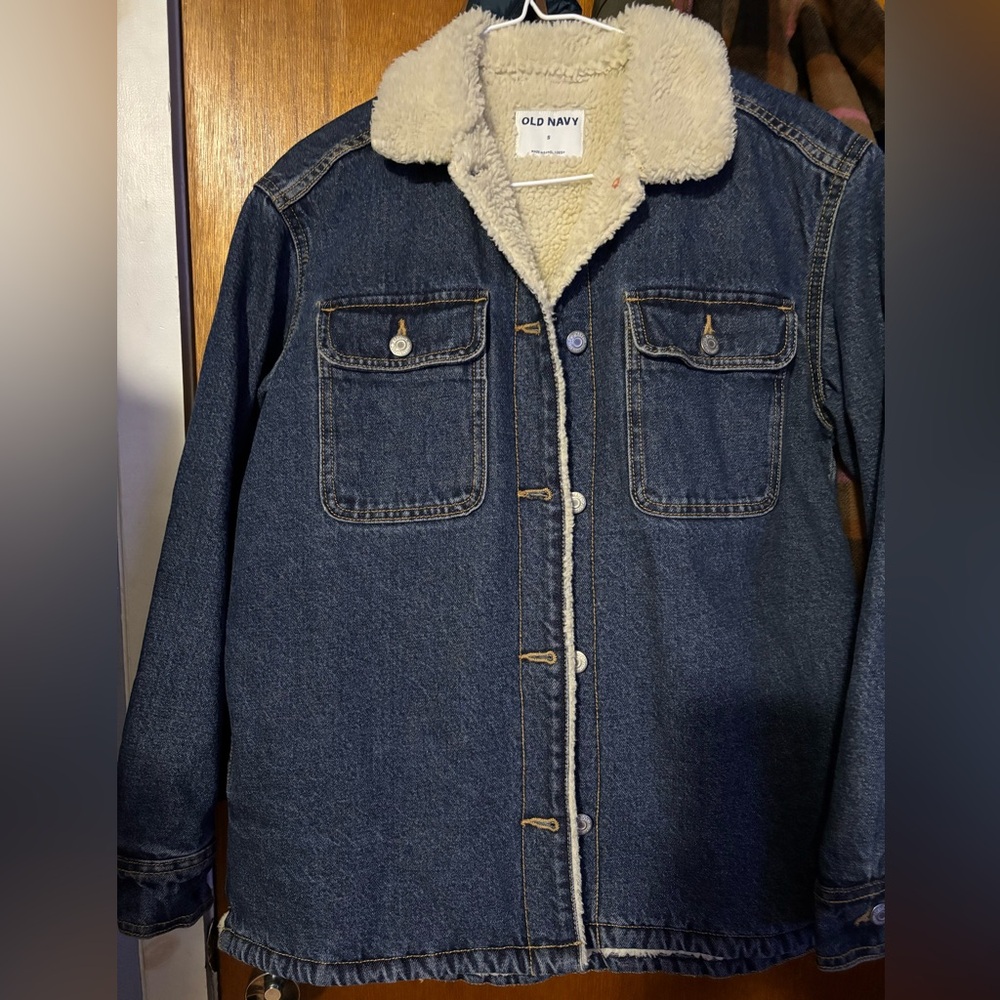 Old Navy Blue Denim Jacket with Cream Sherpa-like Lining